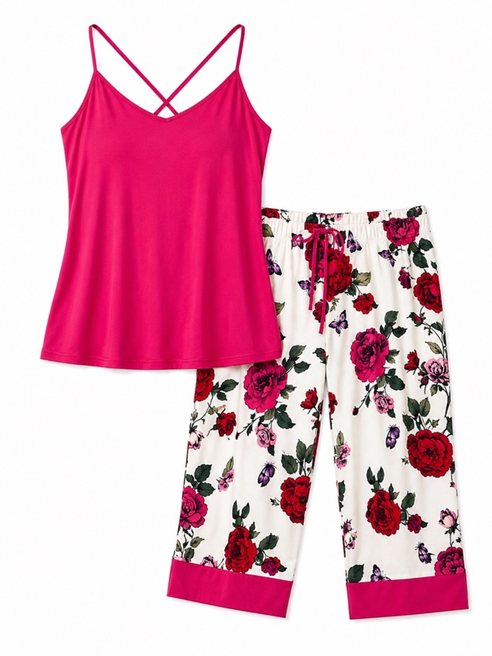 New - Linea Donatella Fuchsia Floral Cami & White Crop Pajama Set | Size XL
